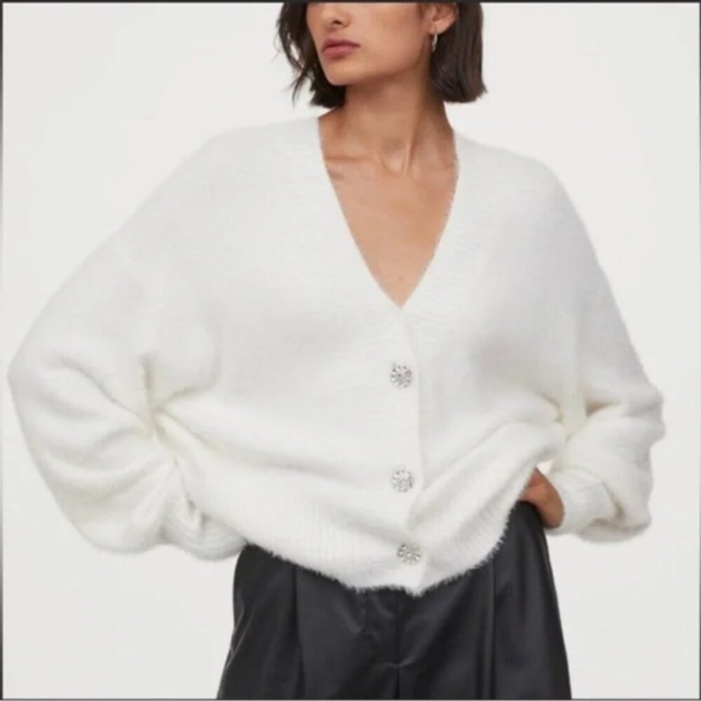 H&M Elegant White Fuzy Cardigan Sweater Diamond Rhinestone Buttons Size Medium